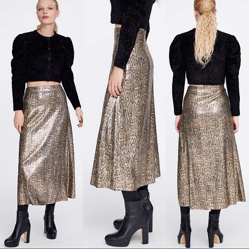 Zara Knit Sequin Snake Print A-Line Midi Skirt Si… - image 1